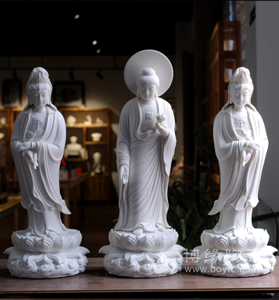 西方三圣陶瓷德化白瓷观音如来大势至供奉立莲家居佛堂收藏工艺品